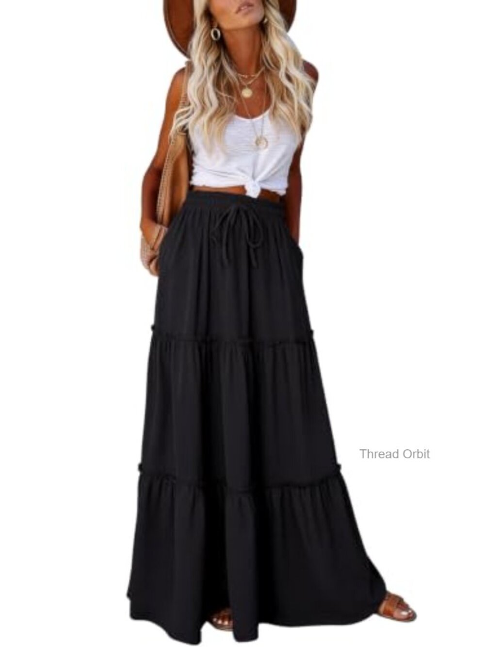 Flowy Tiered Ruffled Maxi Skirt High Waist Tie with Pockets